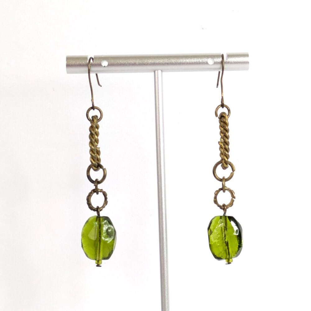 Vintage Antiqued Brass Dangle Earrings Olive Green Faceted Glass Bead Spring